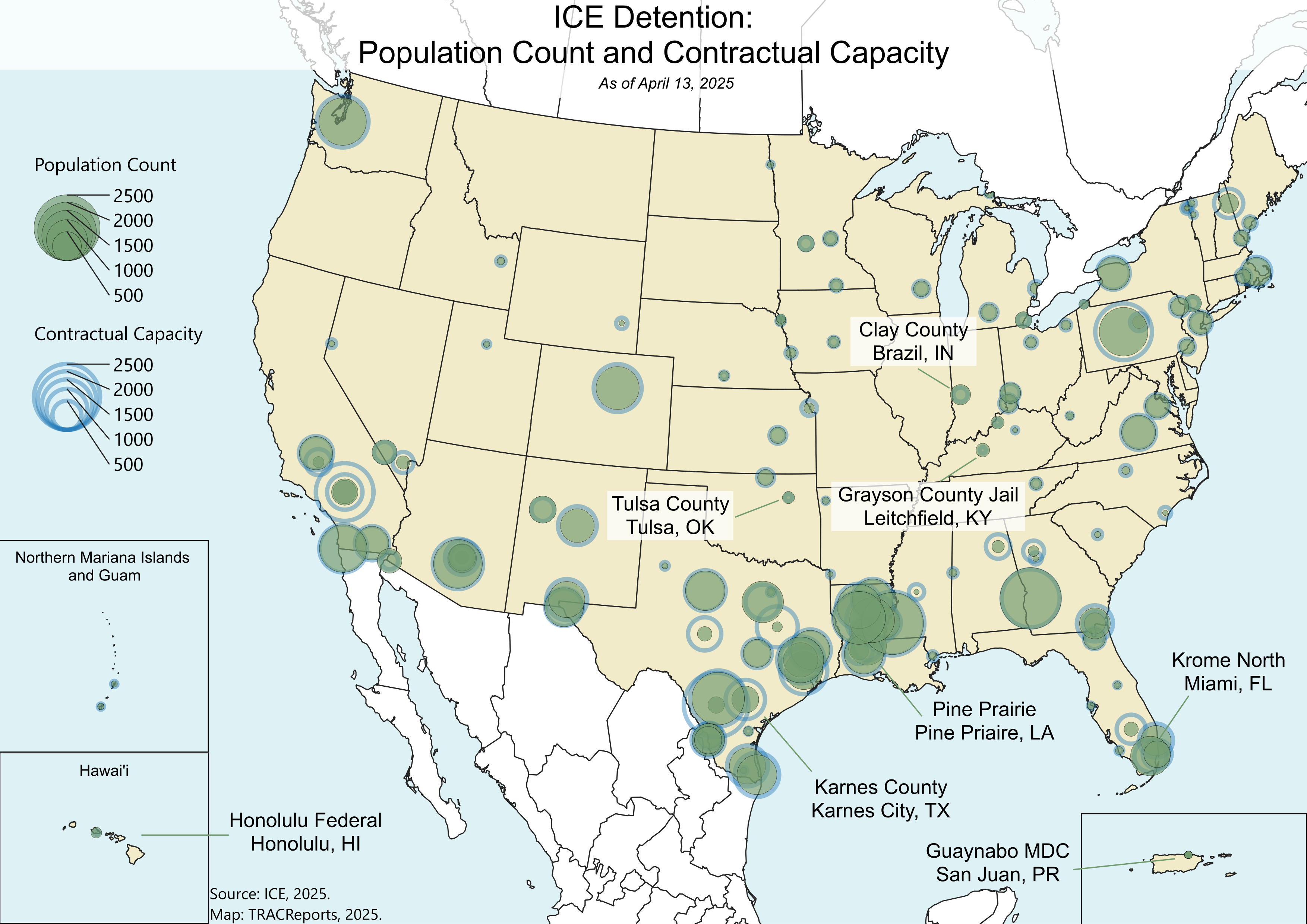 A map entitled ICE Detention: Population County and Contractual Capacity As of April 13, 2025